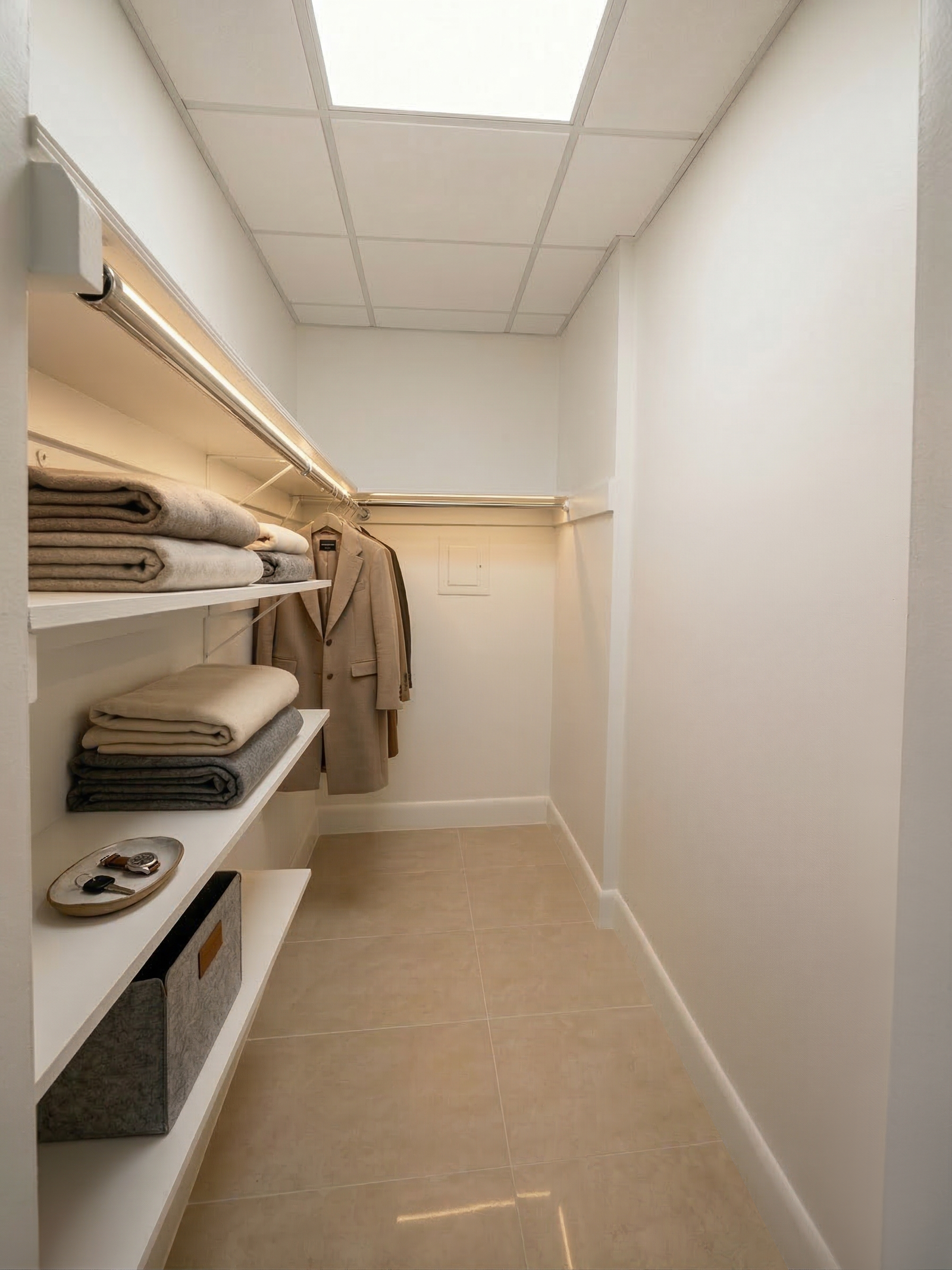 Bright walk-in closet with organized shelving